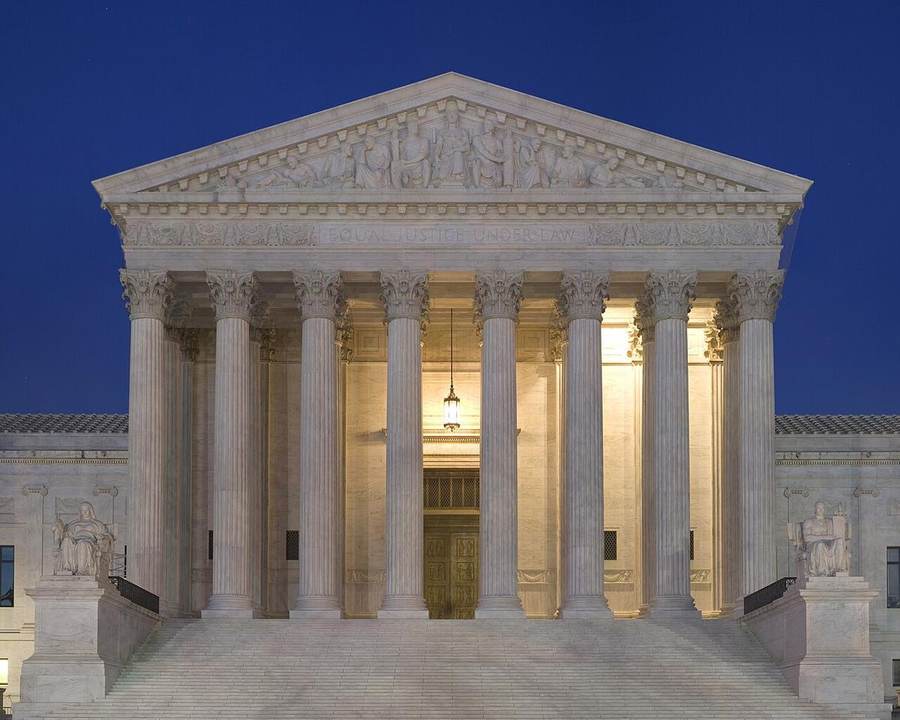The U.S. Supreme Court building at dusk in Washington, D.C., after the court blocked Missouri's Trump-backed congressional map