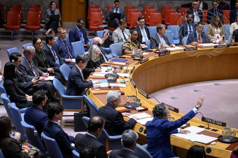 Delegates seated in the UN Security Council chamber during a vote on Haiti's international security mission
