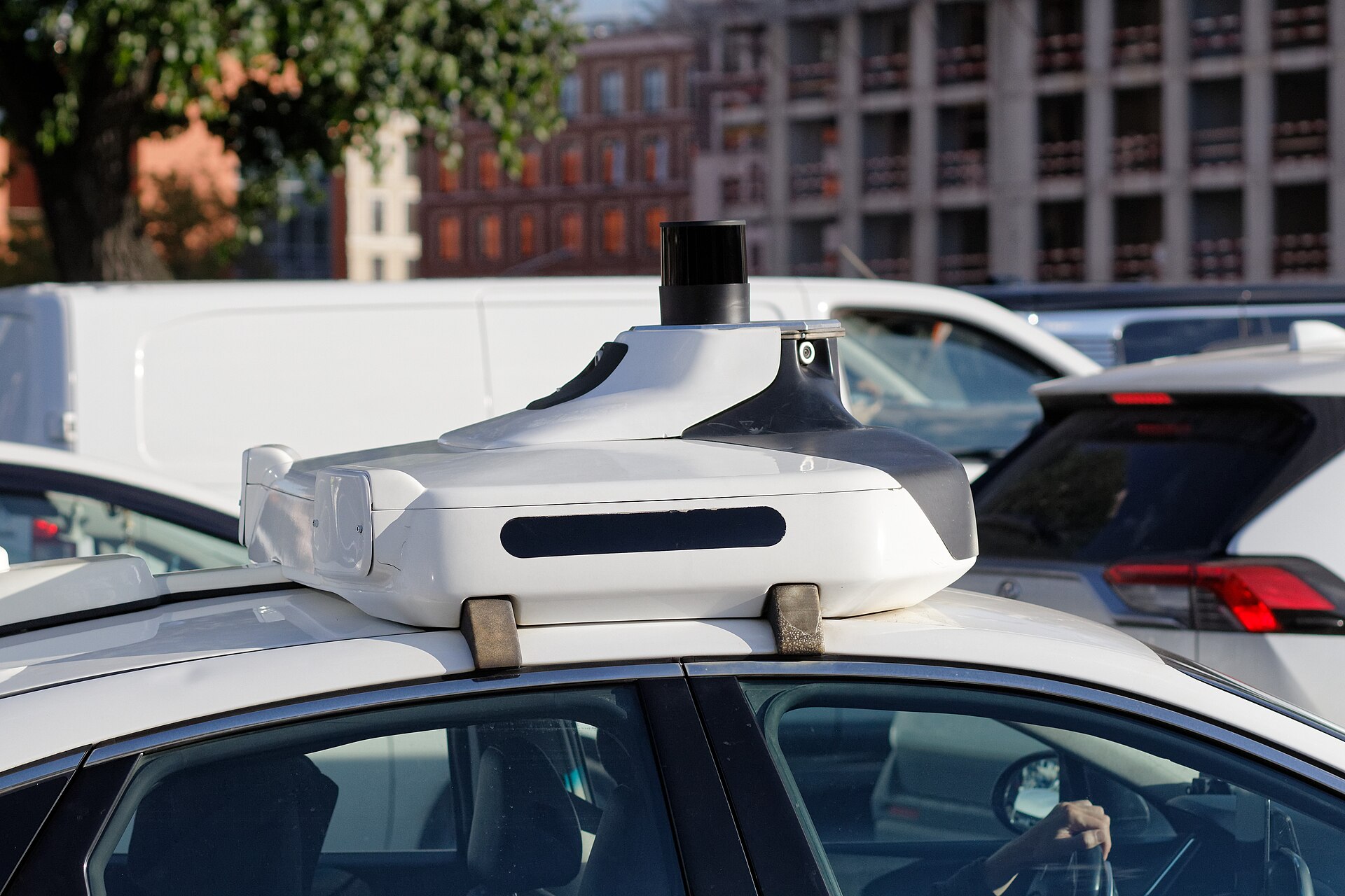 A roof-mounted sensor unit on a self-driving test car