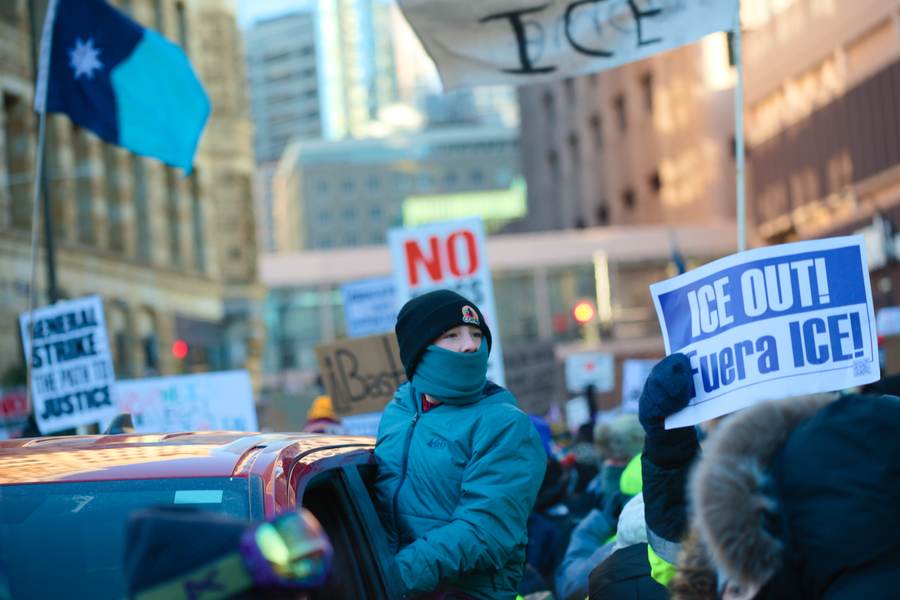 Protesters at an ICE OUT march in downtown Minneapolis in January 2026, weeks after the fatal ICE shooting of Renee Good