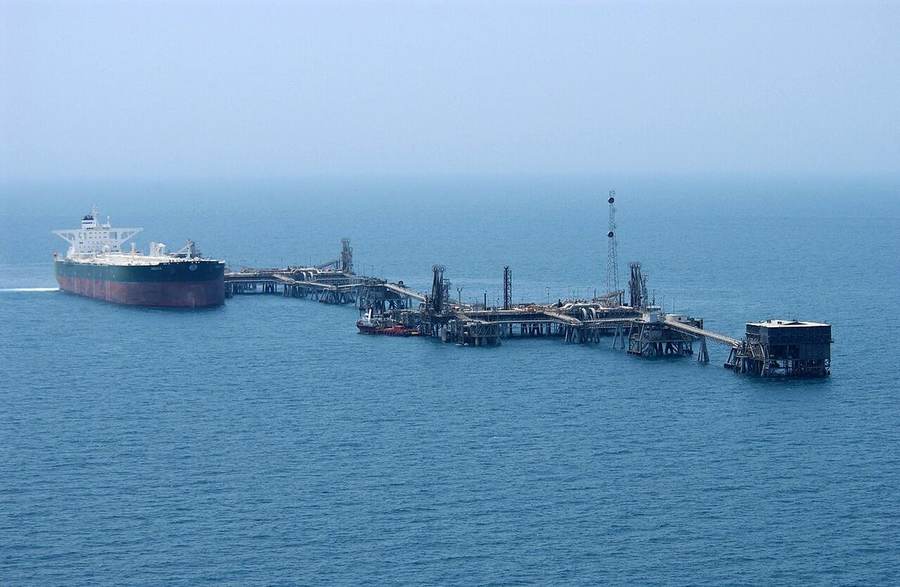 Commercial oil tanker AbQaiq at an Iraqi Gulf terminal, illustrating the shipping stakes in Strait of Hormuz reopening talks
