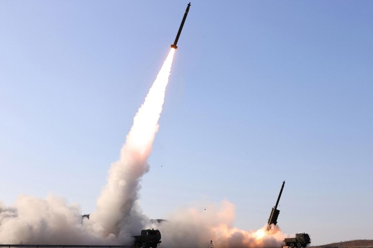 North Korean short-range ballistic missile lifting off in a test launch