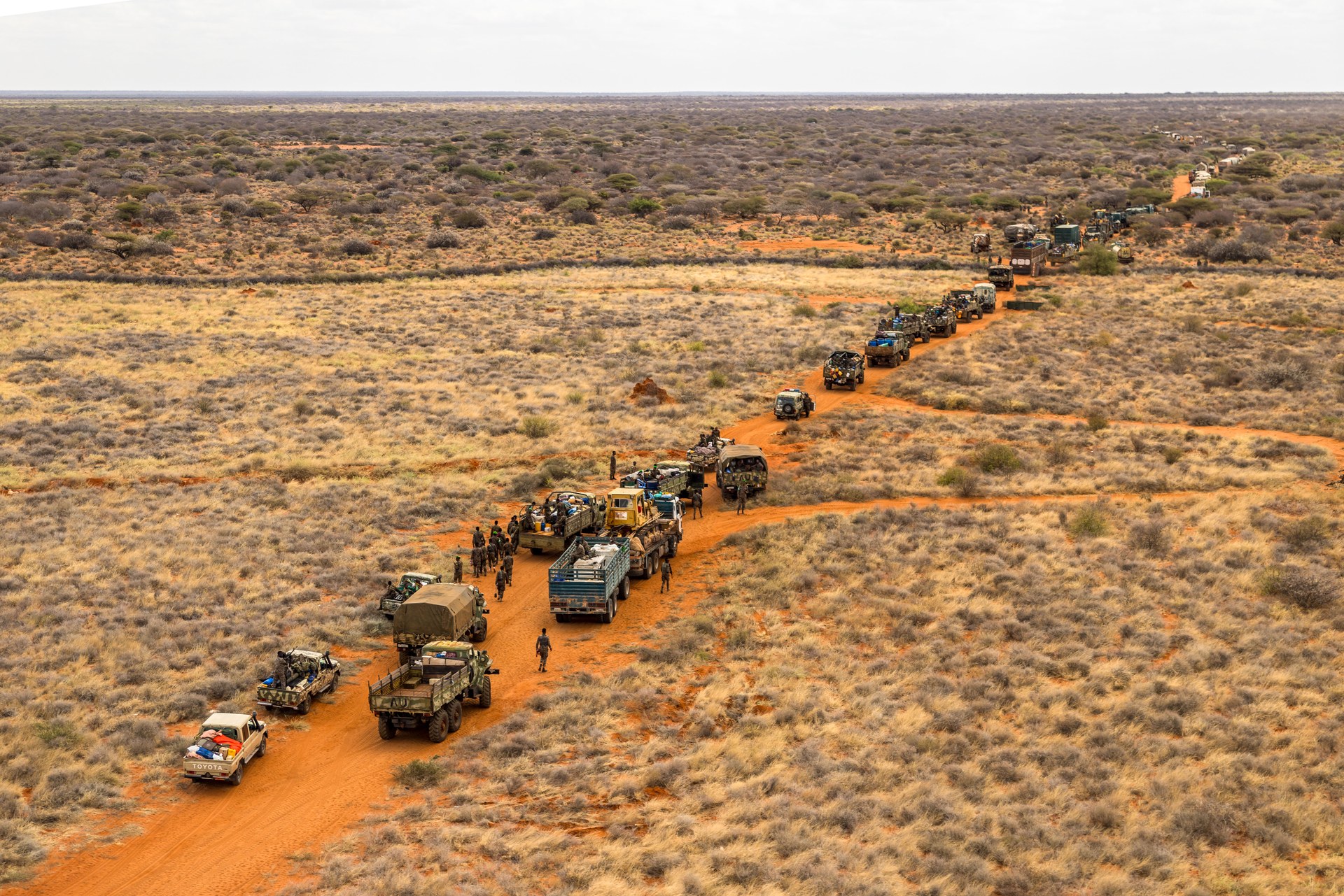 An Ethiopian military convoy on a dirt road during African Union service in Somalia, in a file photo