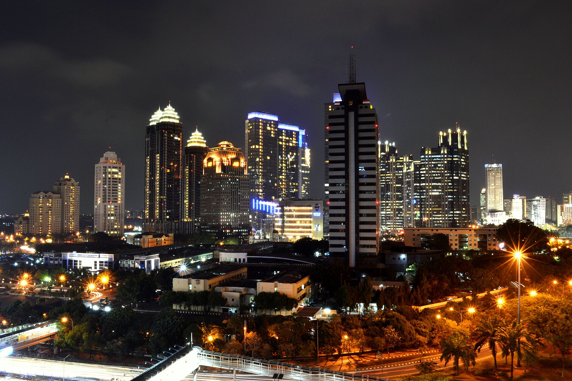 Jakarta's Sudirman Central Business District skyline at night, the financial district at the centre of the Indonesia stocks plunge