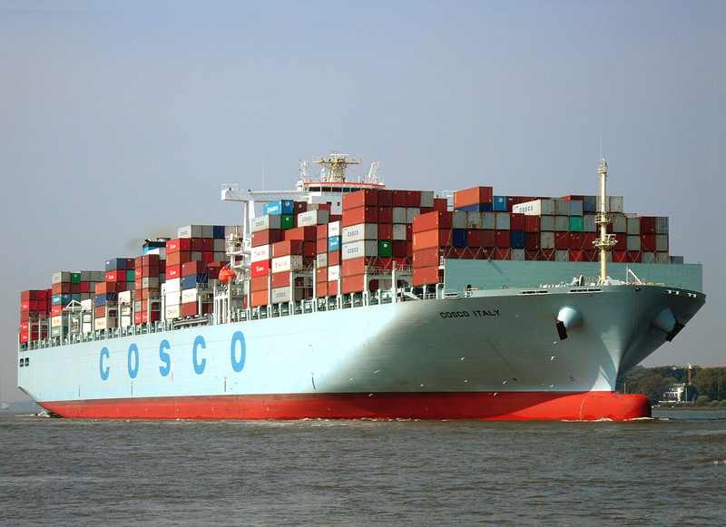 COSCO Italy container ship on the River Elbe heading toward Hamburg in 2014