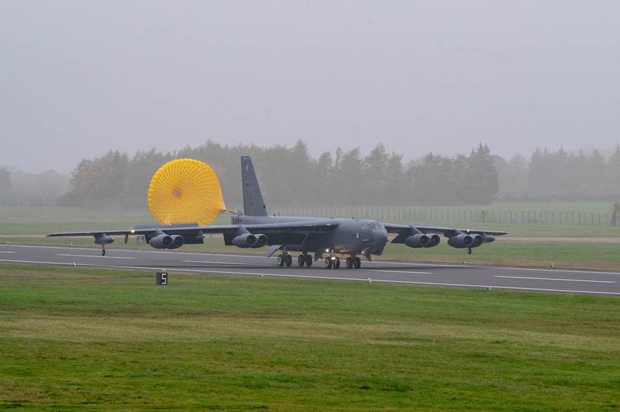 A US Air Force B-52H bomber lands at RAF Fairford, England — the Gloucestershire airbase at the center of the alleged RAF Fairford Iran plot