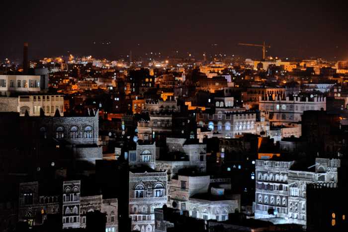 Sana'a skyline at night, background to the Saudi-Yemen war and Houthi missile campaign