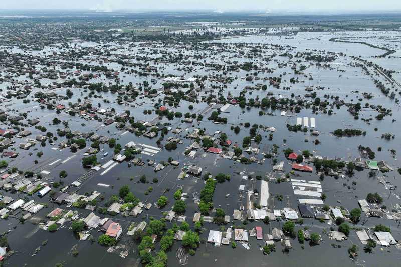 Aerial view of flooded Oleshky, Ukraine after the Kakhovka dam destruction, June 2023