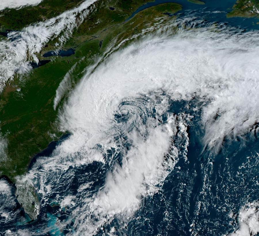 Satellite image of the September 2026 nor'easter bringing flooding and outages to New York and the Northeast