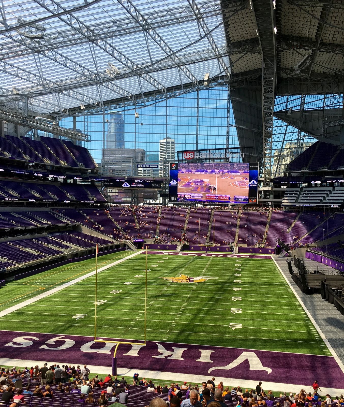 Interior of U.S. Bank Stadium with the Minnesota Vikings field and translucent roof