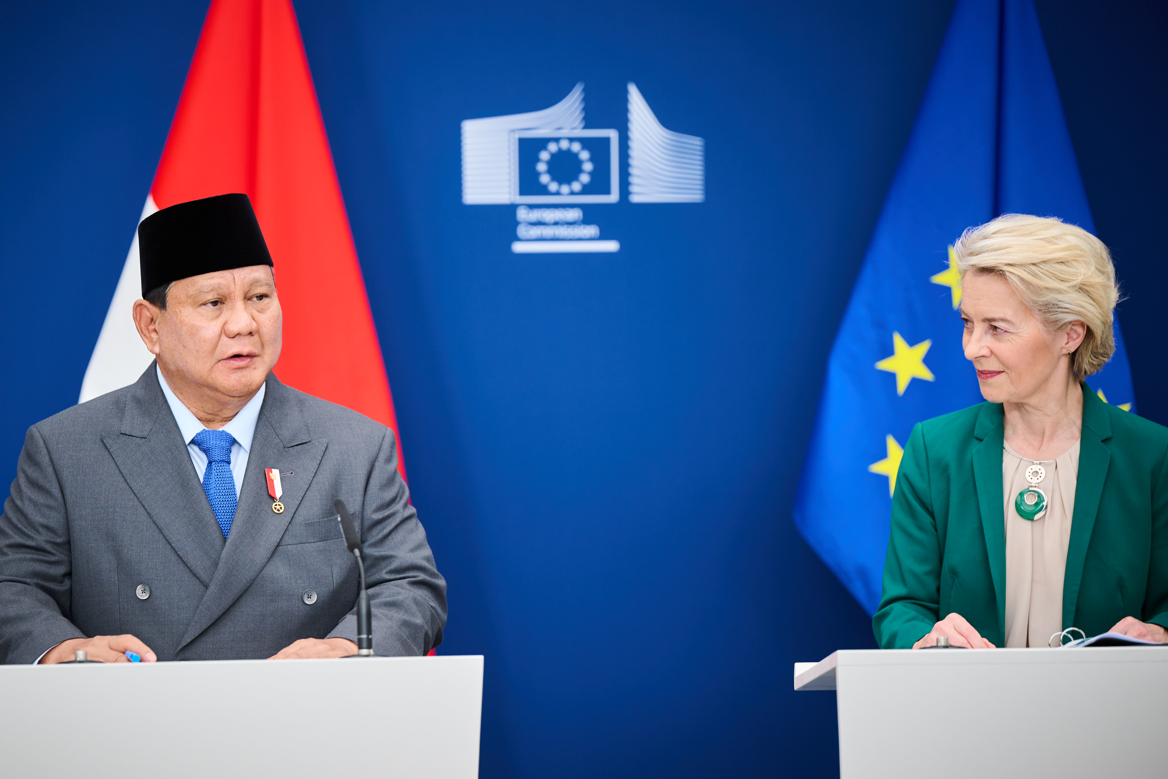 President Prabowo Subianto at a press conference in Brussels — Indonesia energy exports warning, file photo