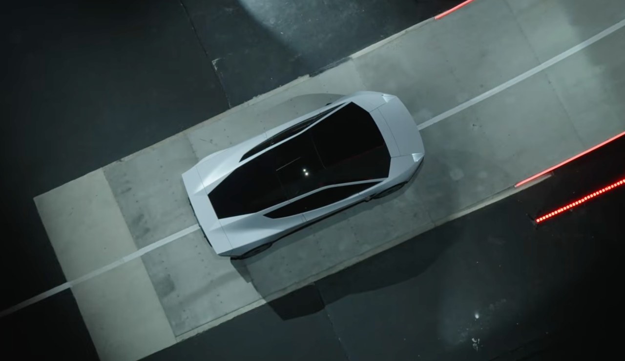 Top-down view of the redesigned Tesla Roadster on the demonstration track at McGregor