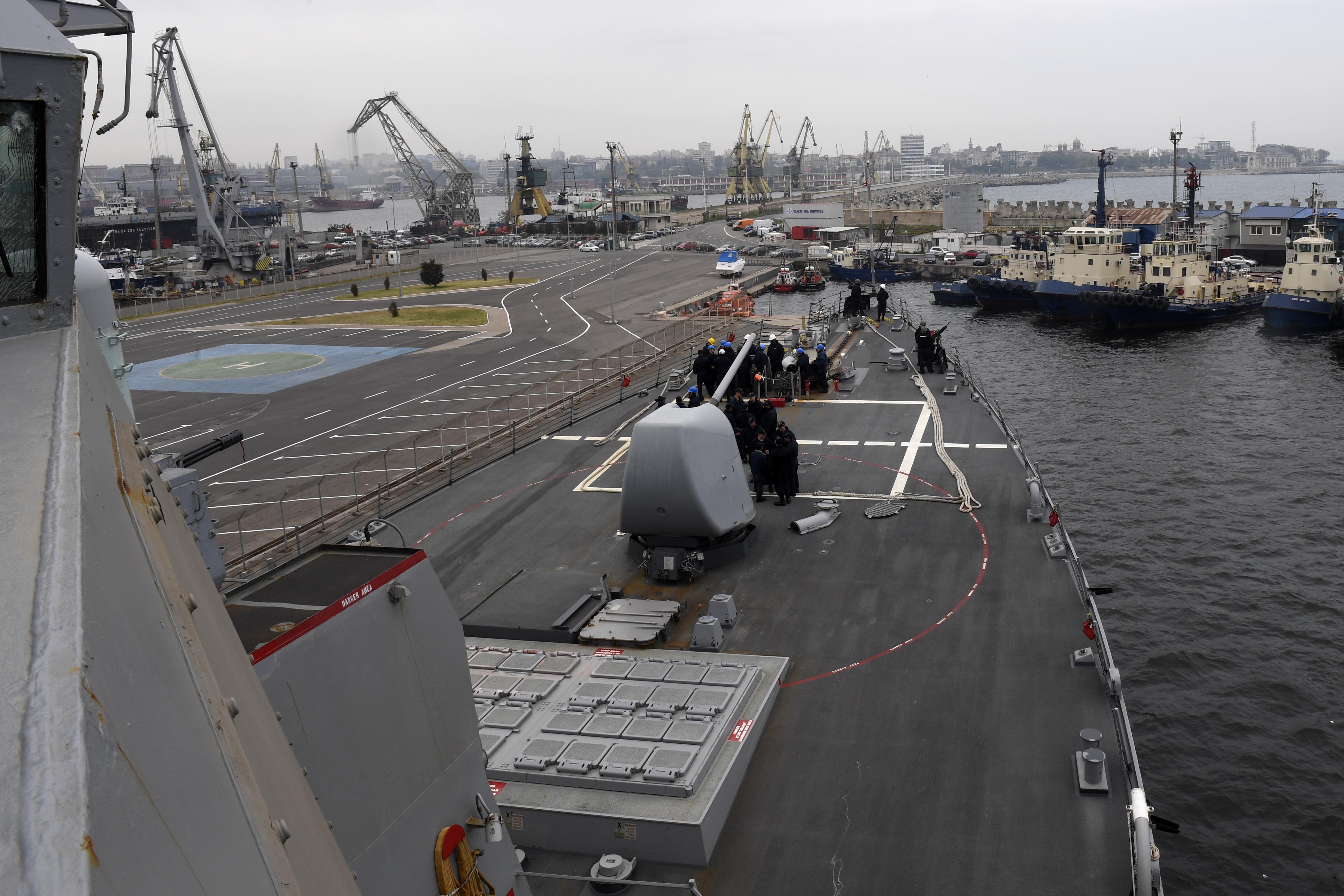 The port of Constanta, Romania, seen from the deck of a visiting warship in 2017 — the destination port of the Contship Jet when she was hit off Bulgaria