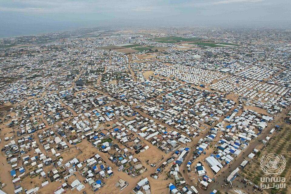 Aerial view of the Al-Mawasi displacement zone near Khan Younis, Gaza — site of the September 27, 2026 Israeli drone strike