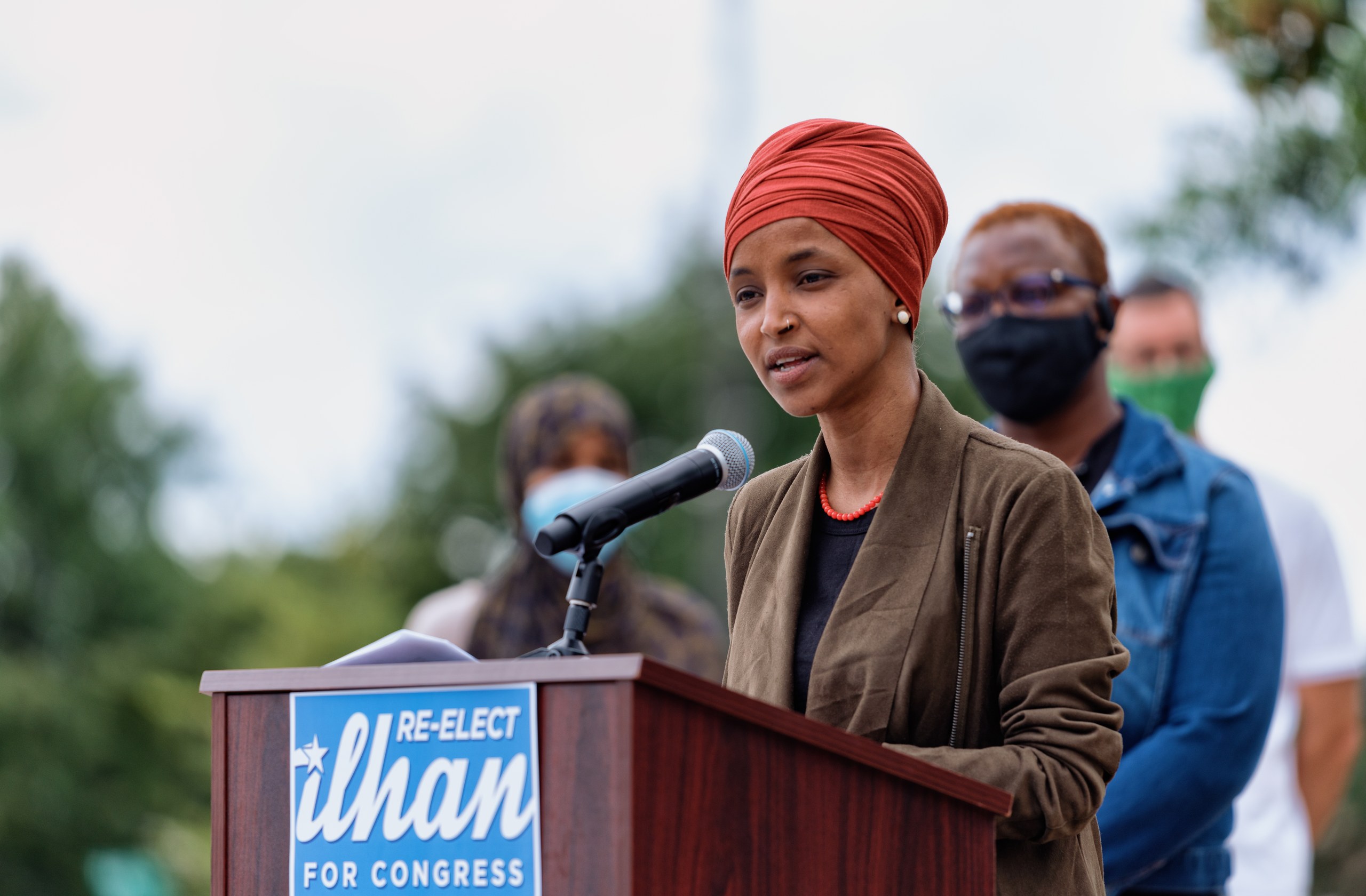 Ilhan Omar federal investigation — Rep. Ilhan Omar speaks at a press conference outside Minnesota DFL headquarters in St. Paul in August 2020