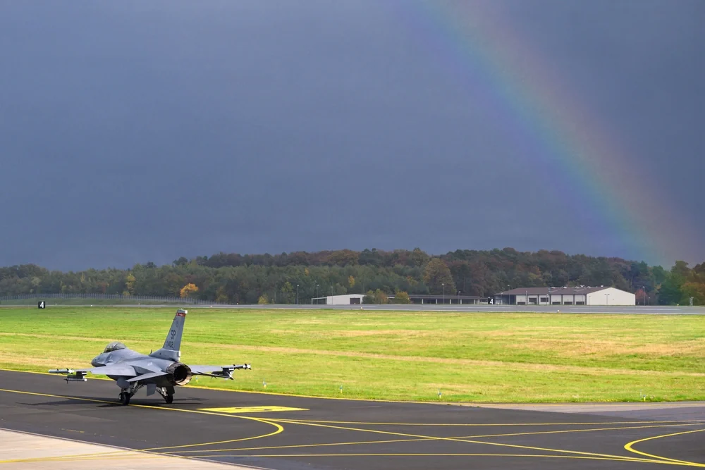 A 480th Fighter Squadron F-16 taxis at Spangdahlem Air Base during a week of increased flying operations in October 2025