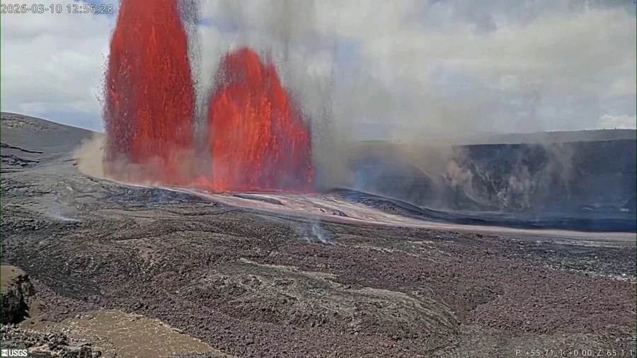 Bright lava fountain rising from Kilauea’s Halemaumau crater during eruptive activity