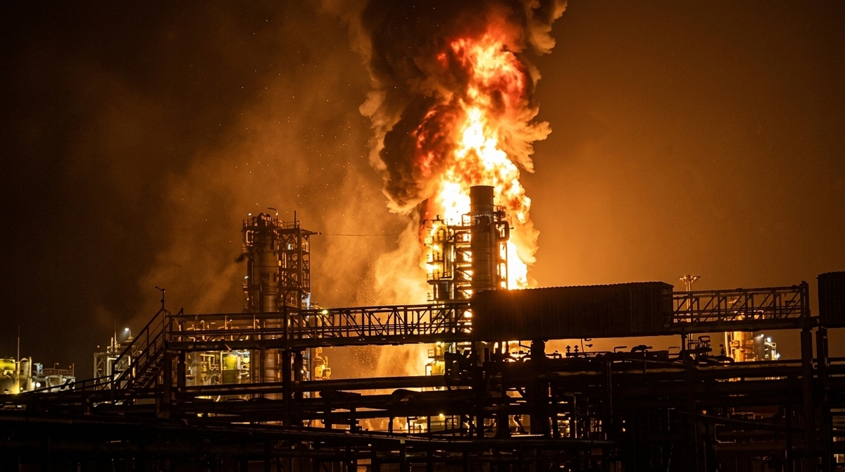 Night fire at an oil processing facility illustrating the reported Ukraine drone attack on Moscow's Volodarsk oil hub