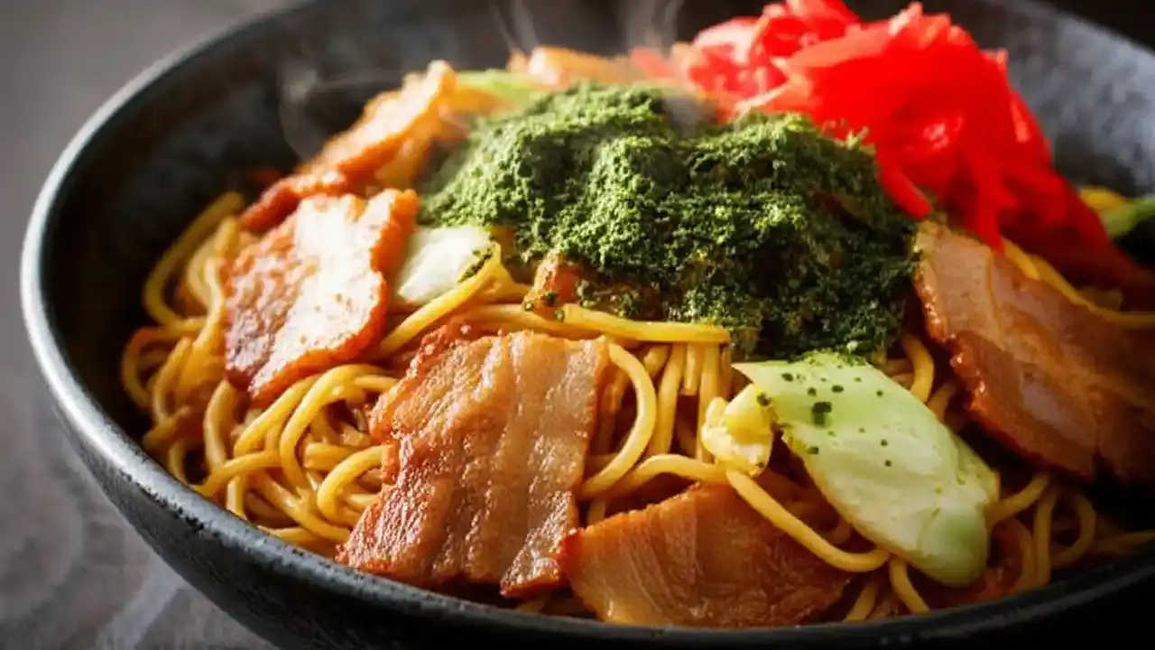 Yakisoba noodles with vegetables in a pan