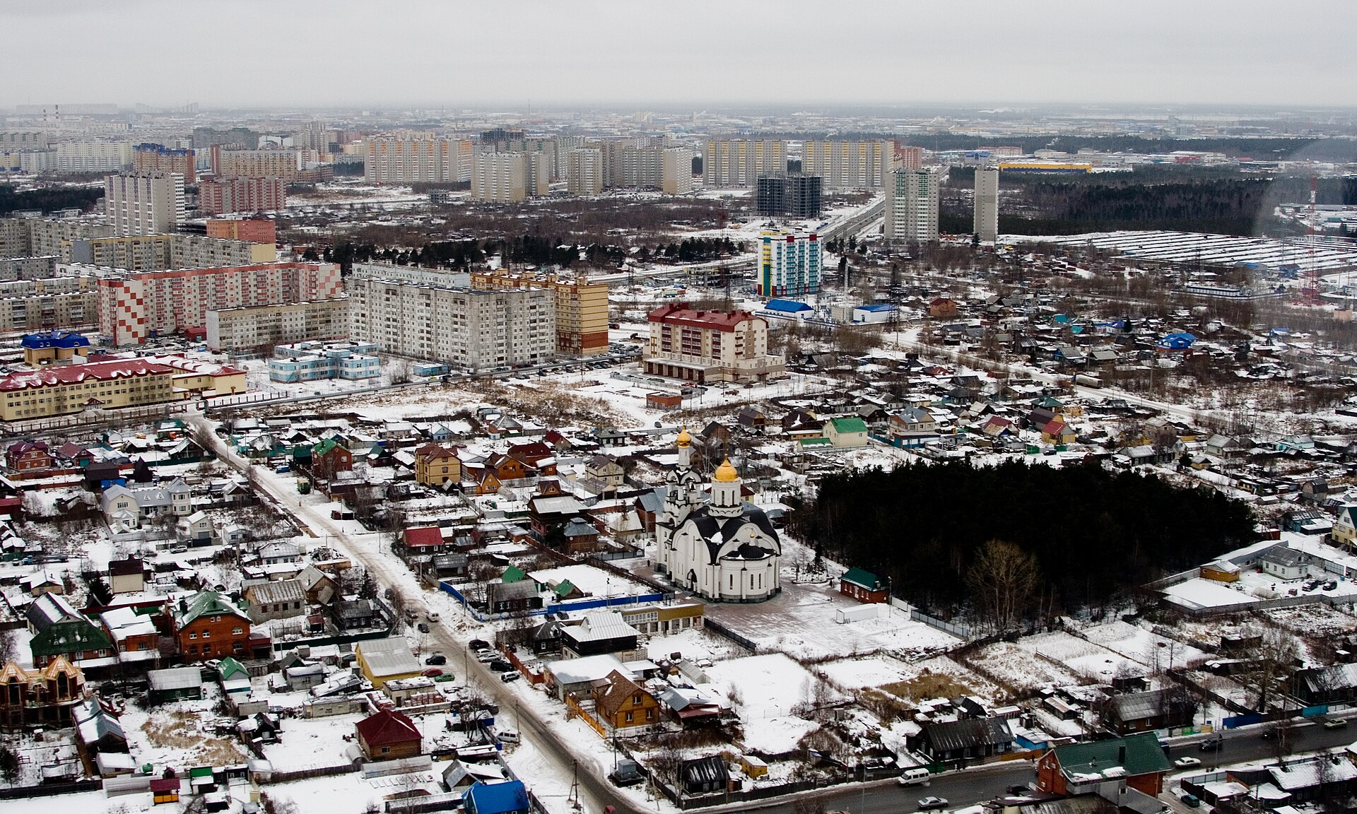 Aerial view of Surgut Russia in winter, the Siberian oil and gas city near the reported Surgut drone strike
