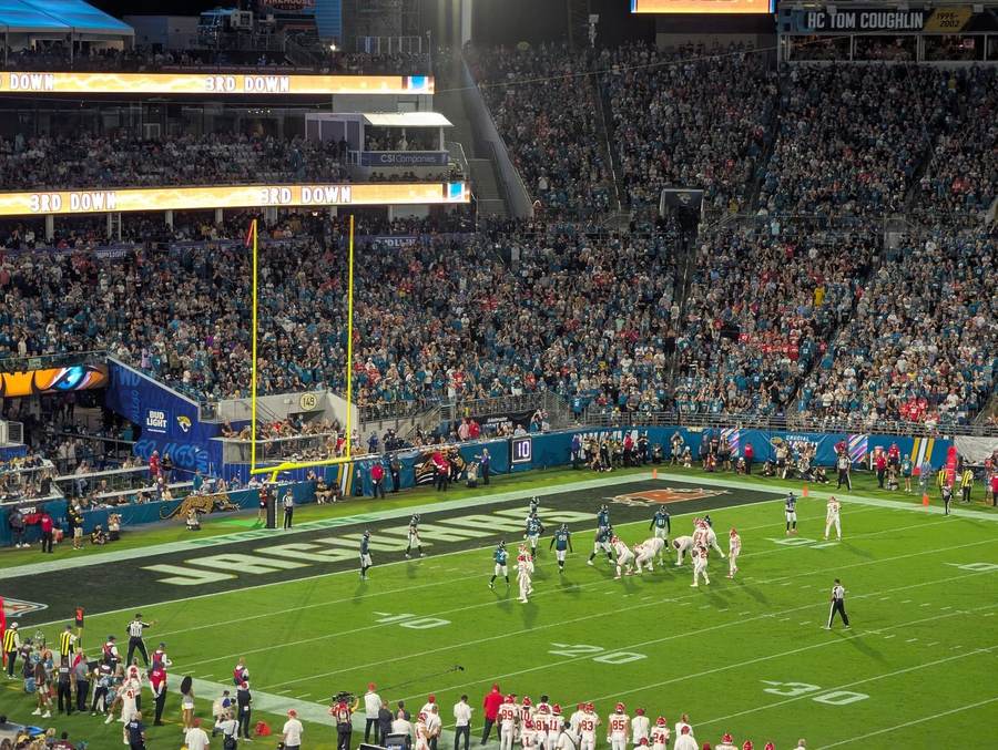 Jacksonville Jaguars in action at home — the defense forced three turnovers in the 35-6 win over New England.