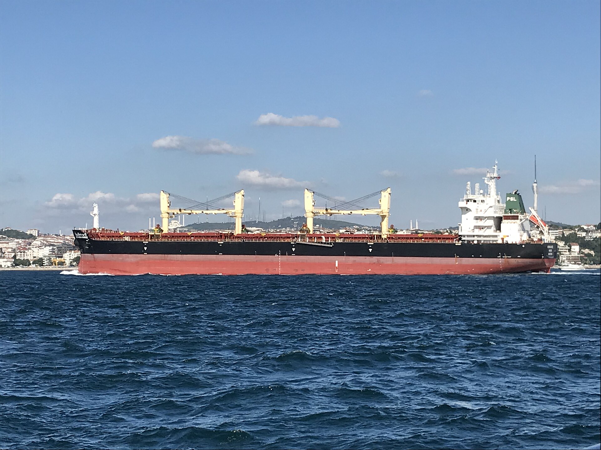 The bulk carrier Inthira Naree transiting the Bosphorus in Istanbul