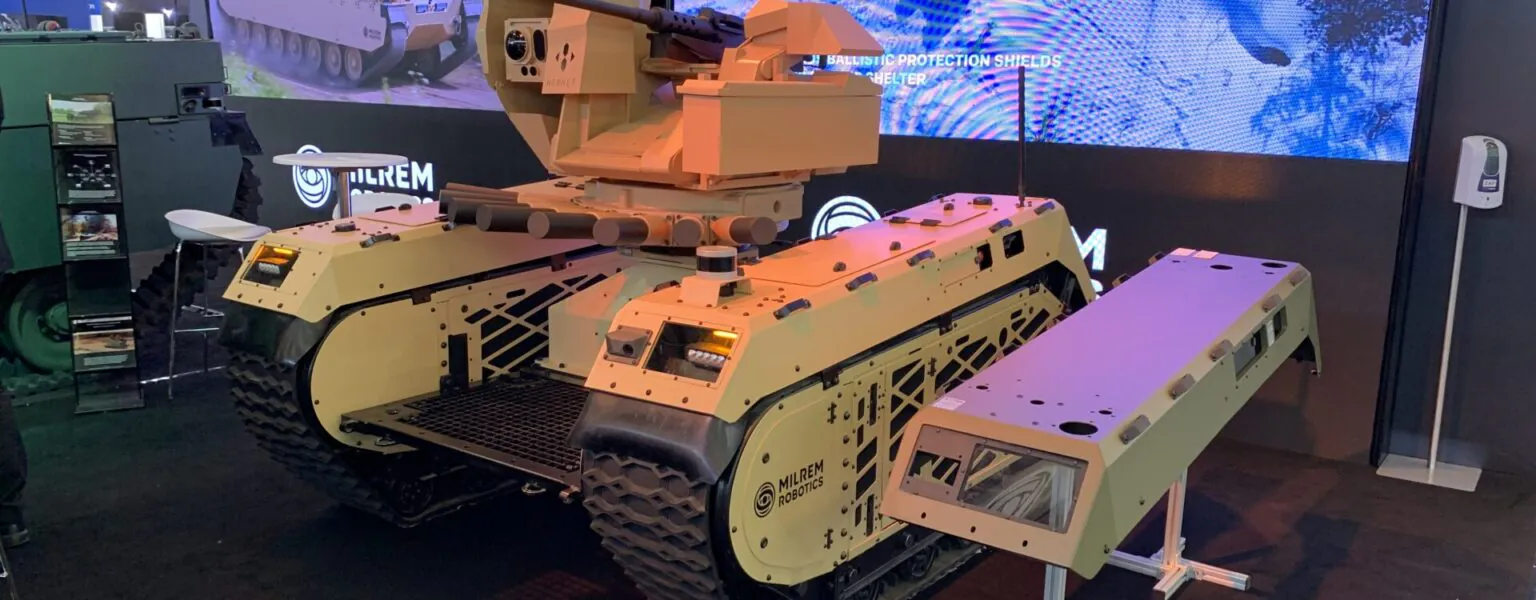 A Milrem Robotics THeMIS combat unmanned ground vehicle with a HORNET remote weapon station on display &mdash; the Estonian firm's robotic vehicles serve with Ukrainian forces