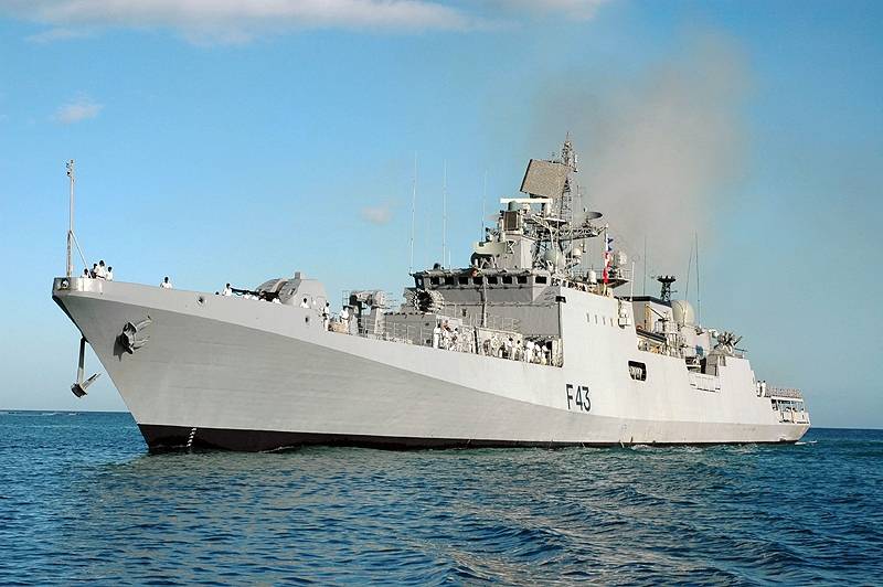 Indian Navy frigate INS Trishul entering Jubail, Saudi Arabia, on a port visit, archive photo