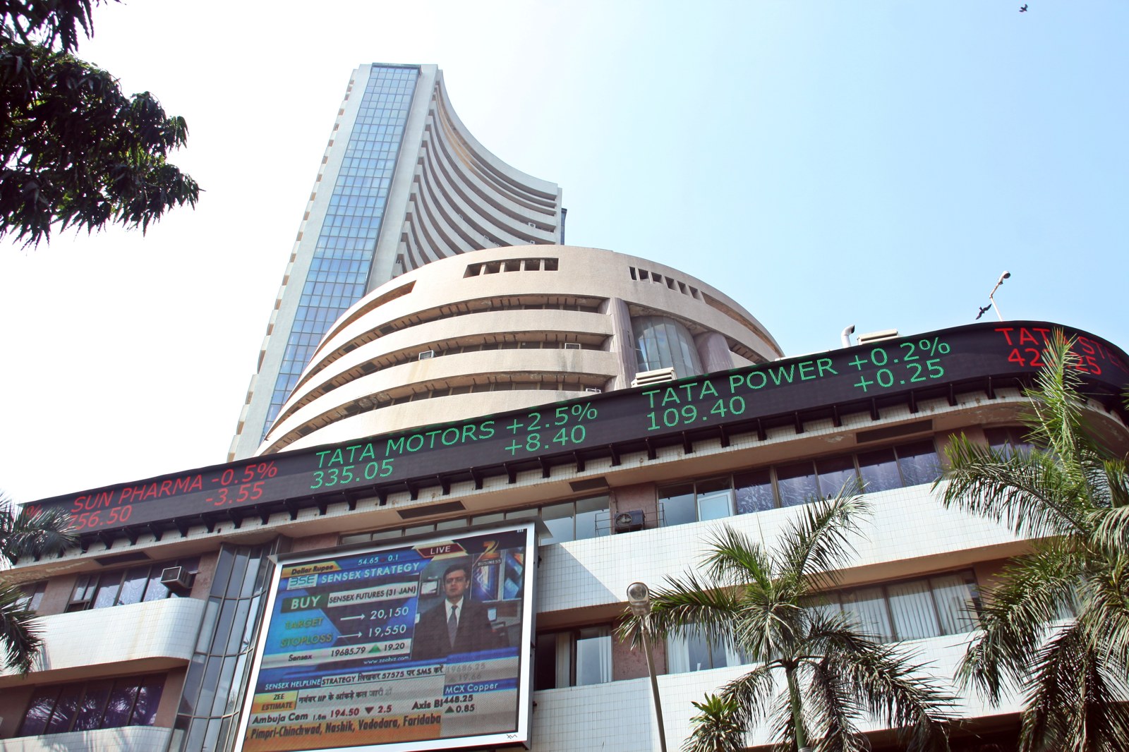 Bombay Stock Exchange building on Dalal Street in Mumbai with its share price ticker, as India's largest IPO opens