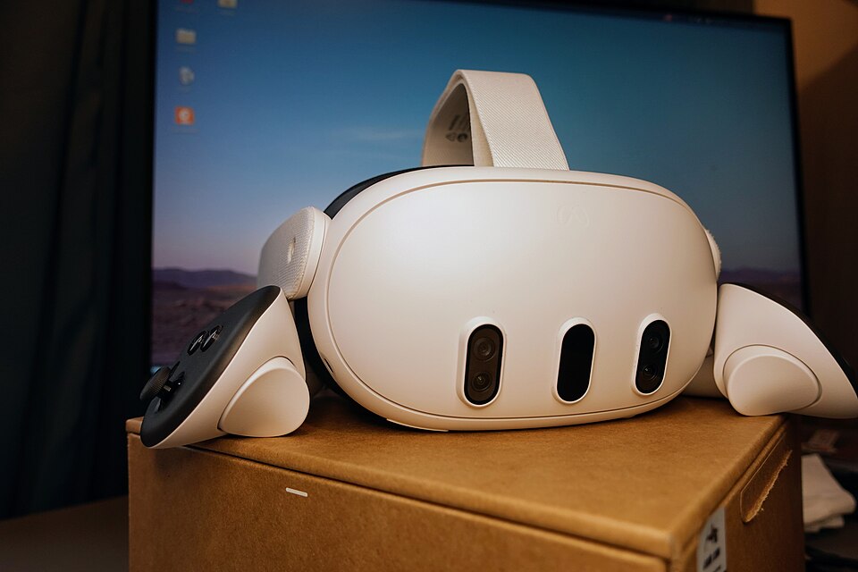Meta Quest 3 headset in a contextual file photograph comparing Quest 3 with the newly announced Meta VR Glasses