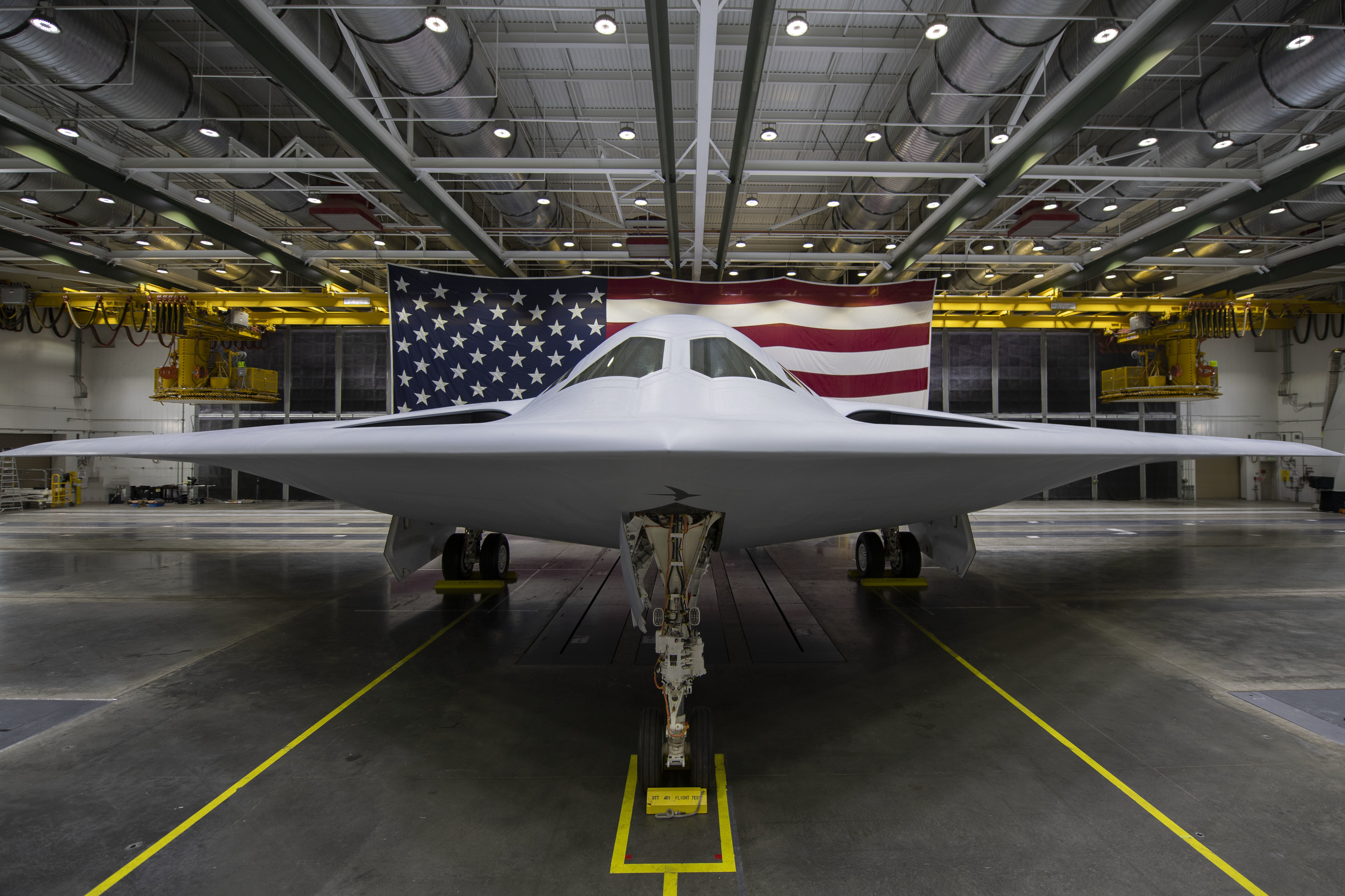 The B-21 Raider stealth bomber in its hangar at Plant 42, Palmdale — file photo for Northrop Grumman Q3 earnings 2026