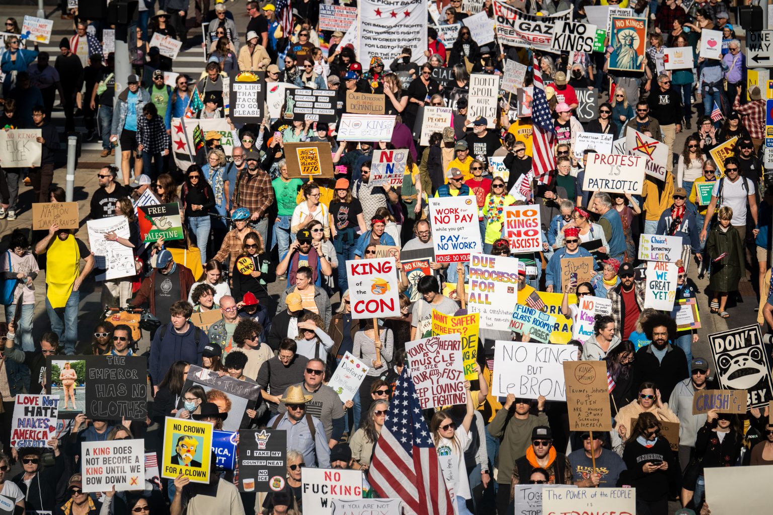 A No Kings protest crowd filling a Minneapolis street — the coalition's Instagram account was suspended during Saturday's nationwide No Kings: Vote Early day, file photo