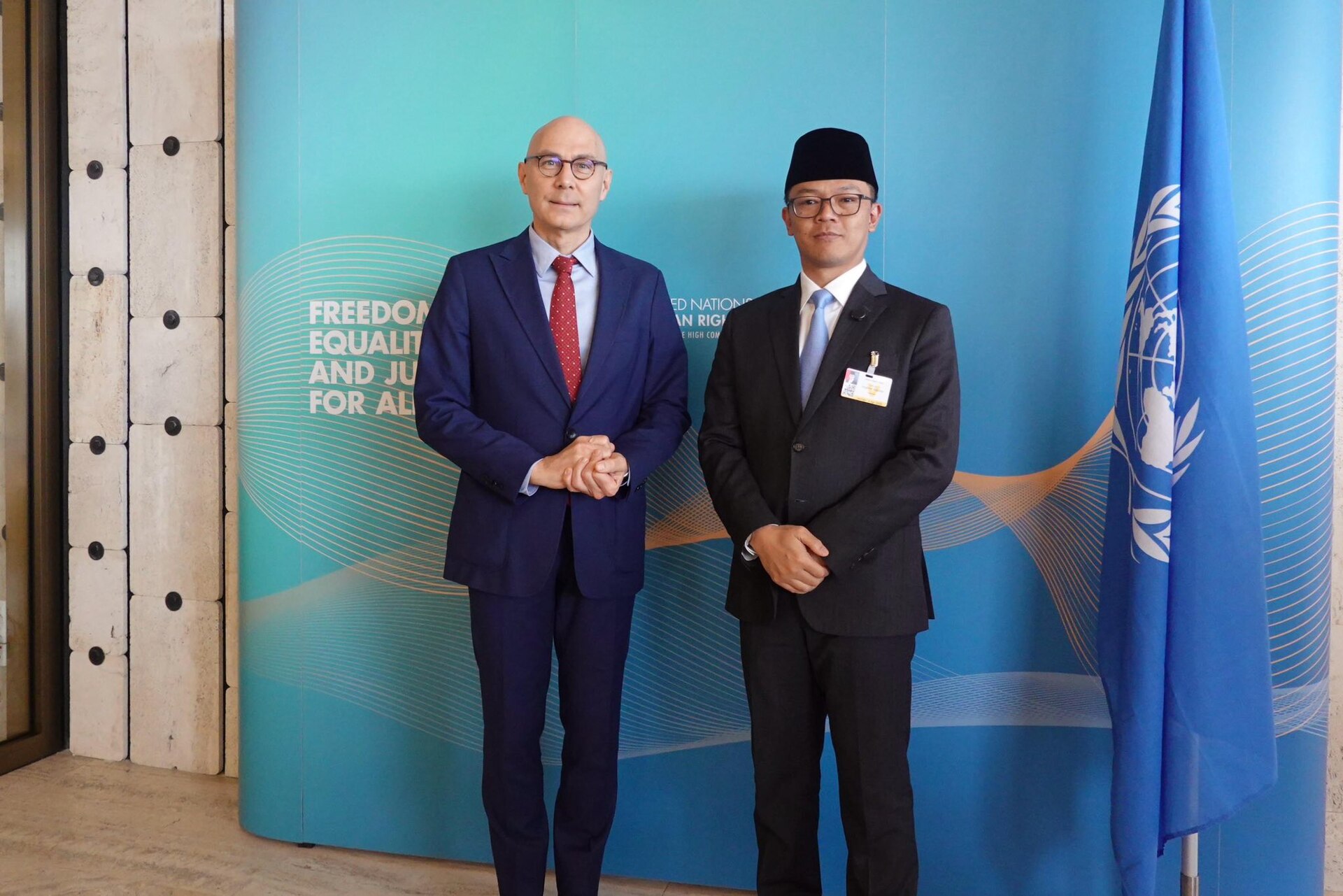 Volker Turk Sudan war crimes — UN High Commissioner for Human Rights Volker Türk, left, standing beside Indonesian Foreign Minister Sugiono in Geneva in February 2025 — file photo