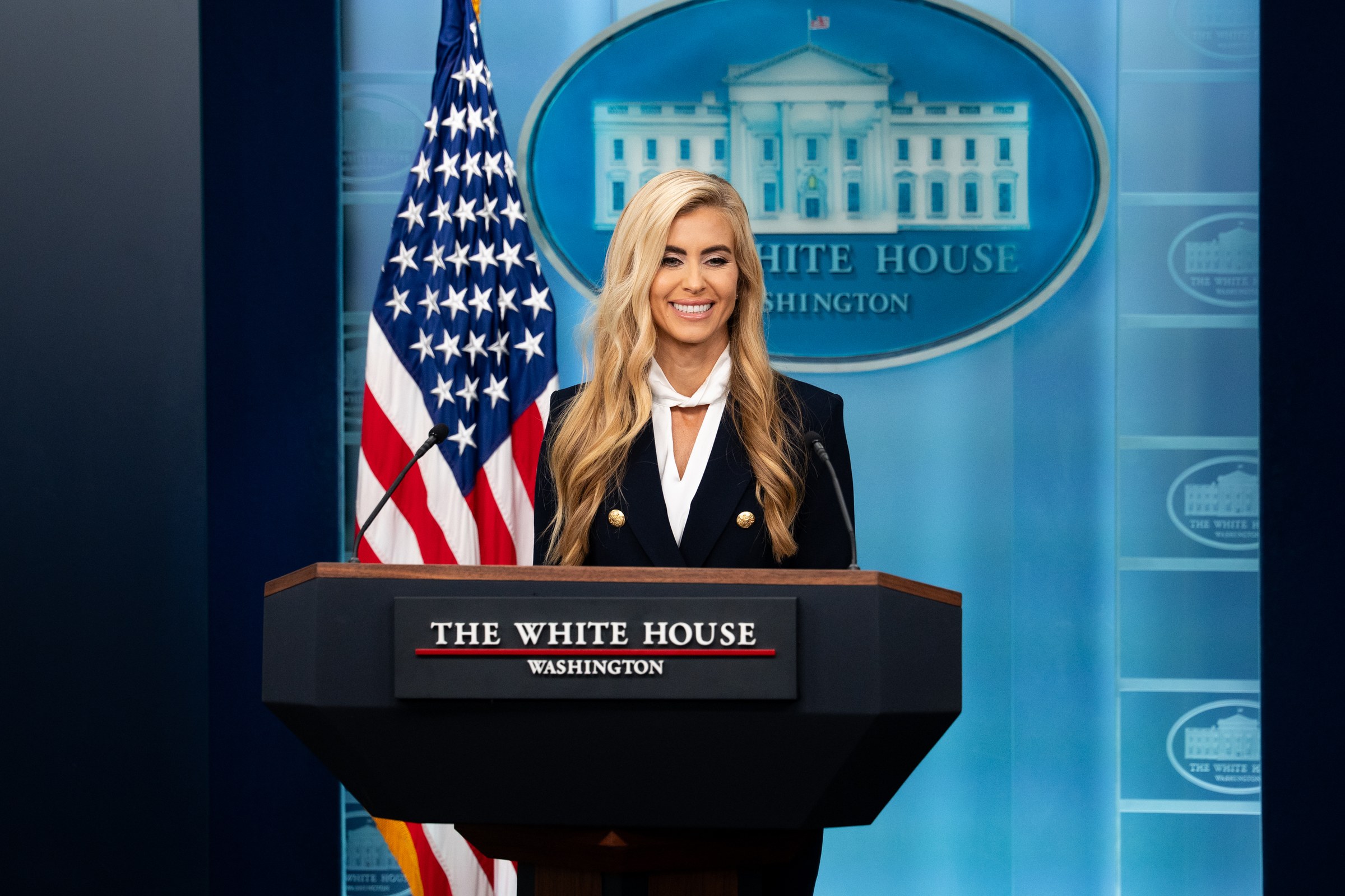 White House Press Secretary Katie Zacharia at the briefing room podium during her first press conference on October 13, 2026