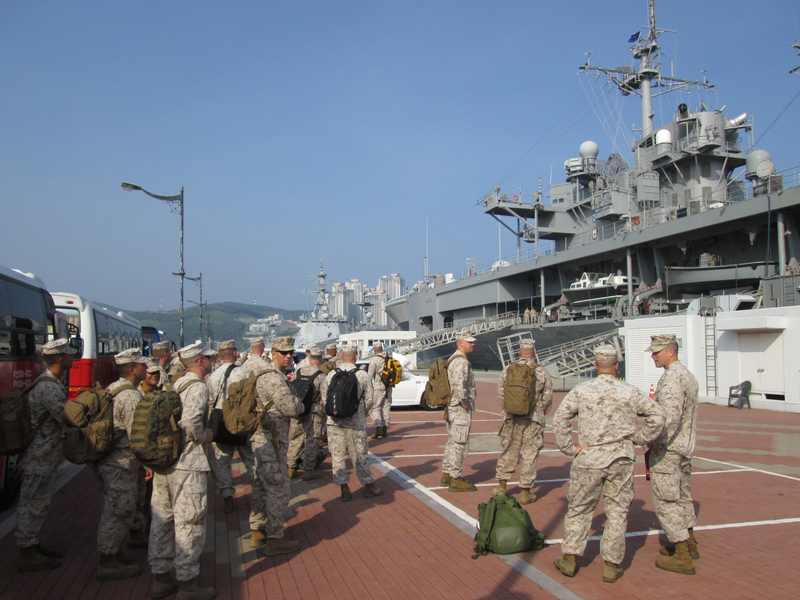 United States Marines preparing to board USS Blue Ridge for the Ulchi Freedom Guardian exercise supporting the U.S.-South Korea alliance