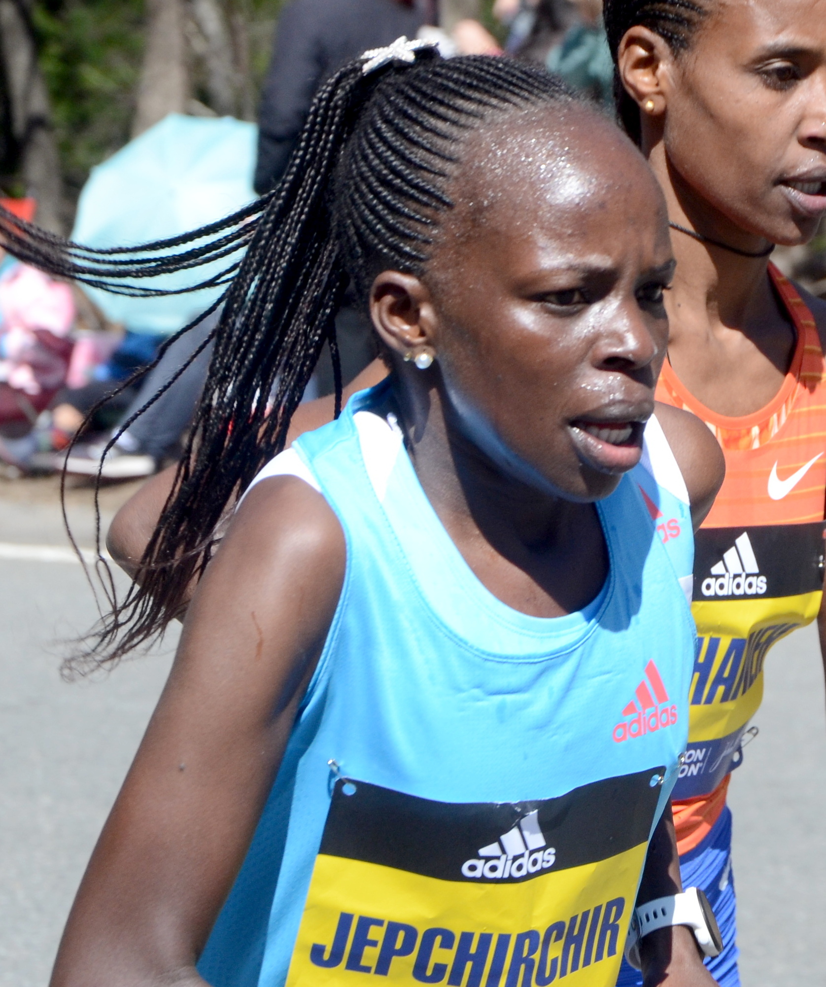 Jepchirchir doping case — Peres Jepchirchir nearing halfway at the 2022 Boston Marathon, which she won