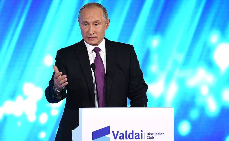 Vladimir Putin at a Valdai Discussion Club session, a file photo illustrating his rejection of a long-range strikes ceasefire with Ukraine
