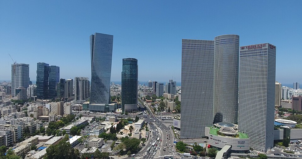 The Azrieli Towers and Sarona Tower on the Tel Aviv skyline, reported as a possible target