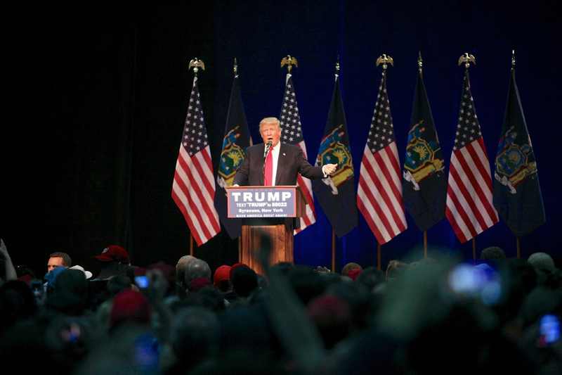 Donald Trump addresses a crowd at the Oncenter in Syracuse in 2016, file image for the Trump New York rally October 2026
