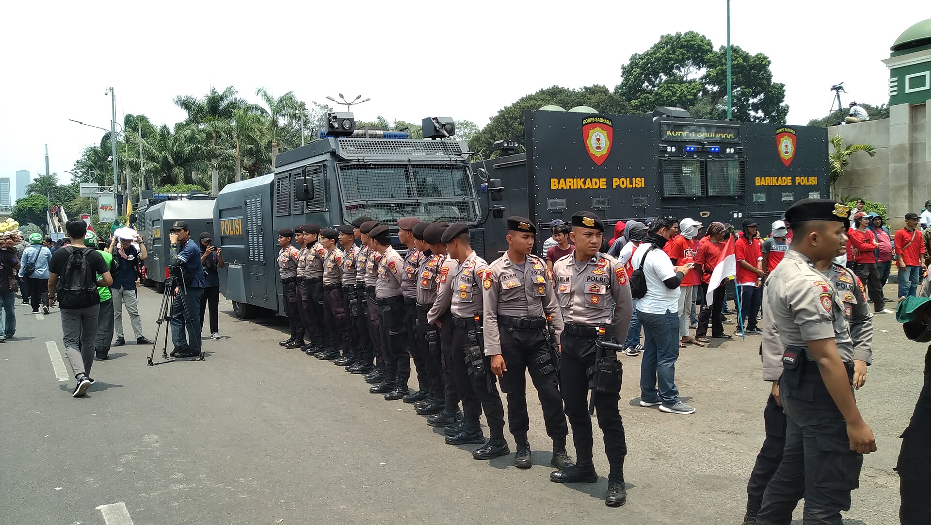 Police and water cannon in front of the DPR MPR parliament building in Jakarta during the September 2019 student protests