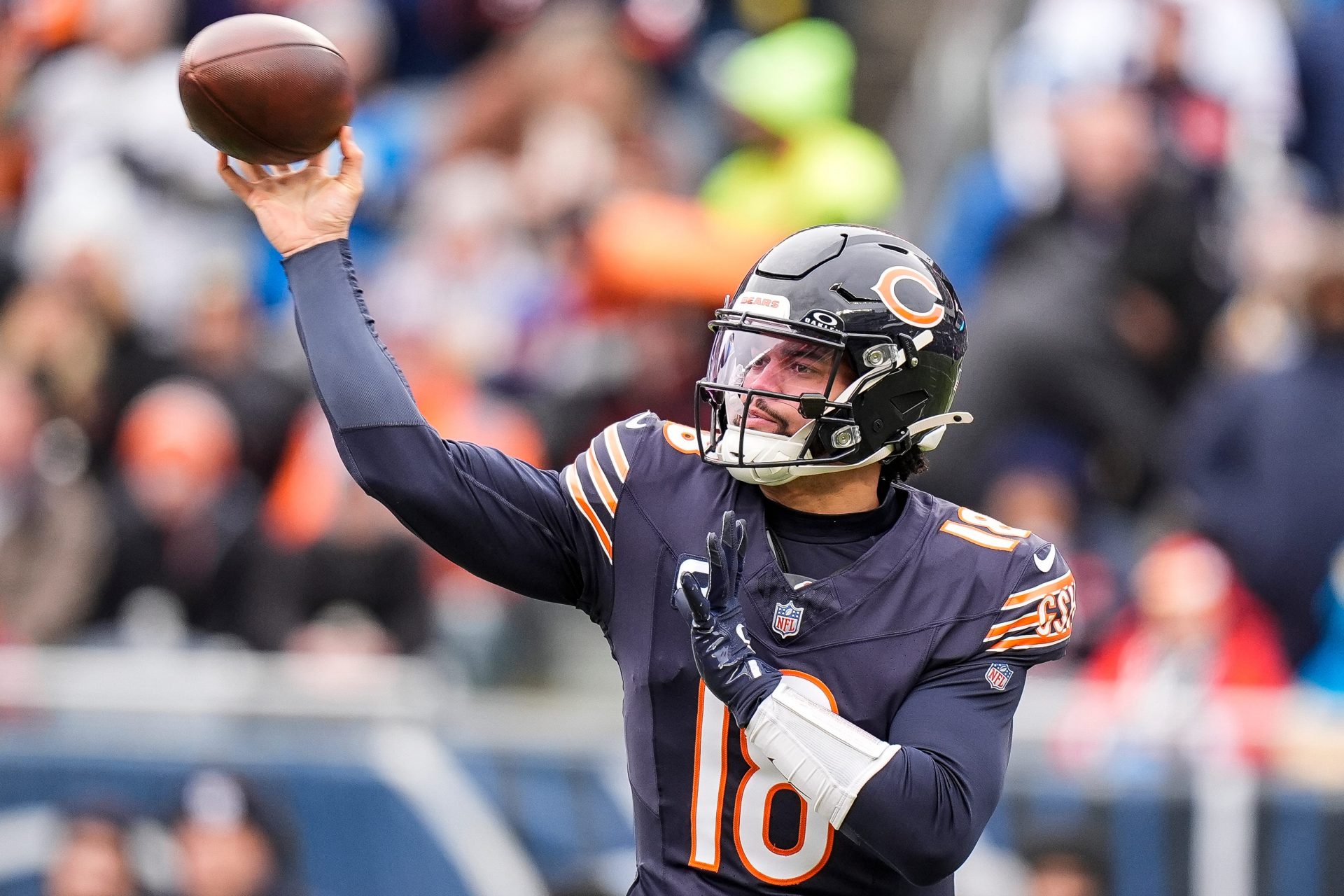 Chicago Bears quarterback Caleb Williams throwing — Williams returned from a hamstring injury to complete 30 of 36 passes for 305 yards against Atlanta, file photo