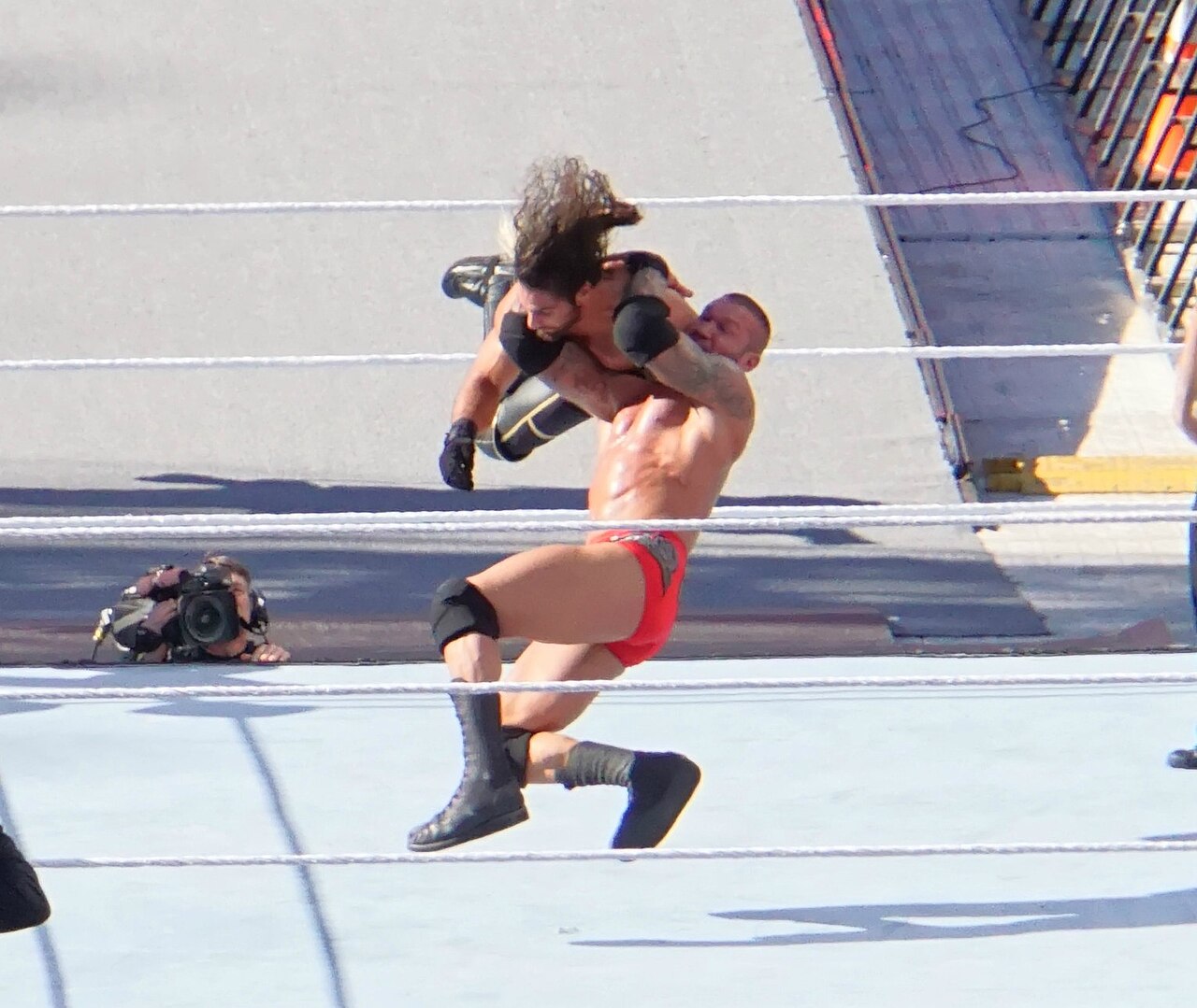 Randy Orton RKO — Randy Orton delivering an RKO to Seth Rollins at WrestleMania 31