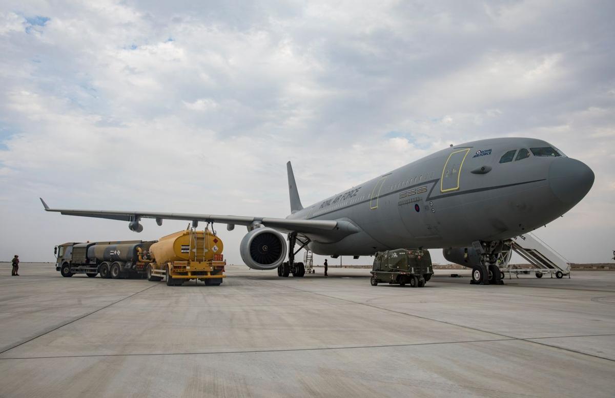 A Royal Air Force Voyager tanker aircraft on an airfield in an official file photograph