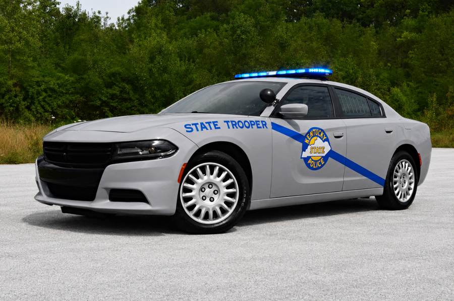 Kentucky State Police &lsquo;State Trooper&rsquo; cruiser with blue light bar &mdash; KSP issued a statewide Blue Alert after Trooper Hayden Phillips was killed on I-65 in Warren County