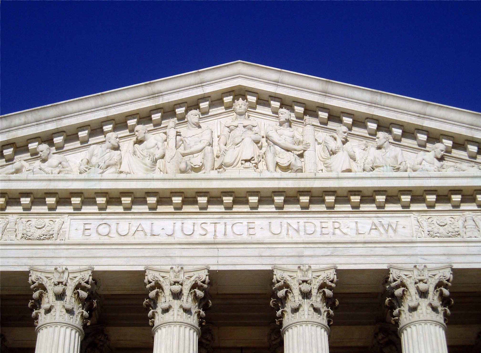 The Equal Justice Under Law pediment of the U.S. Supreme Court building in Washington, whose tariff ruling led to about $145 billion in refunds in fiscal 2026