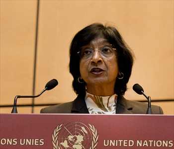 Navi Pillay at a United Nations lectern, illustrating the Nobel committee Pillay international law citation