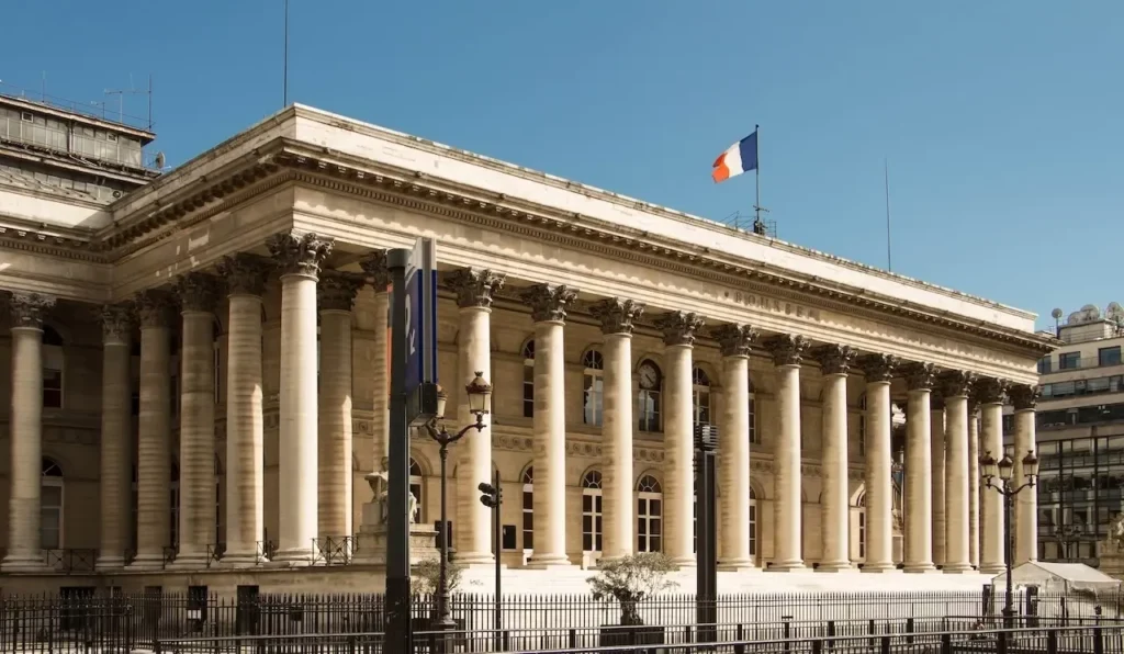 The Palais Brongniart in Paris, the historic home of the Paris stock exchange — the CAC 40 fell about 1.5 percent on Monday as French borrowing costs hit their highest since 2002