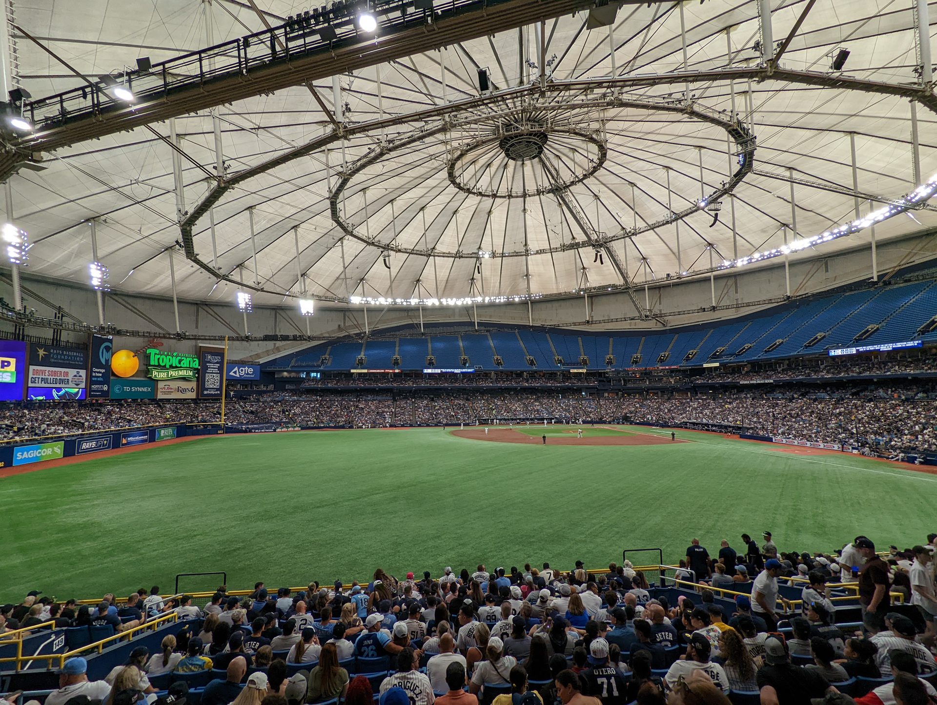 Tropicana Field infield in St. Petersburg, where the Guardians and Rays split the first two games of the ALCS