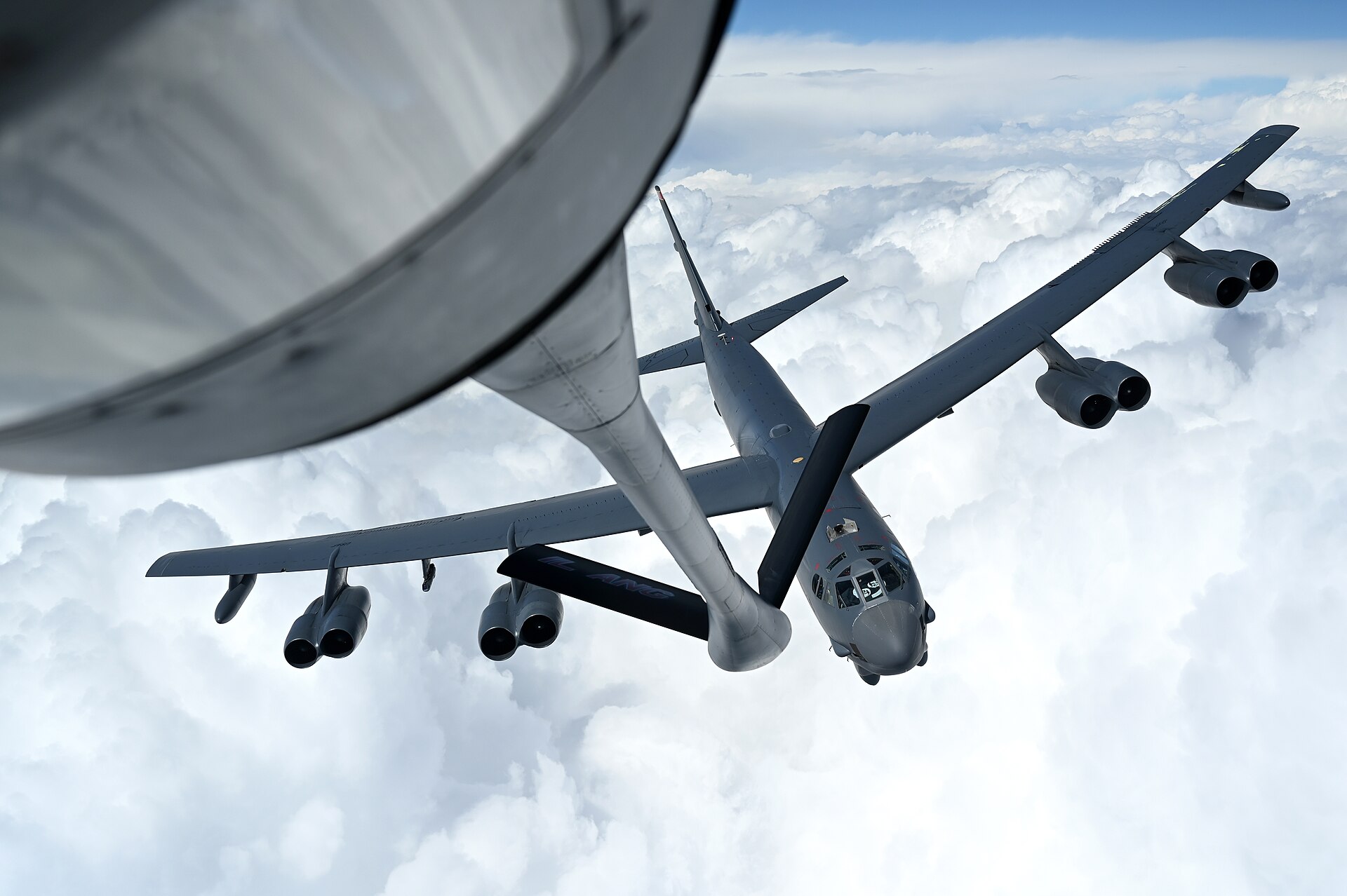 A US Air Force B-52 Stratofortress prepares to refuel from a KC-135 Stratotanker over the CENTCOM area of responsibility — the Air Force has spent $7.6 billion on the Iran war, the most of any service