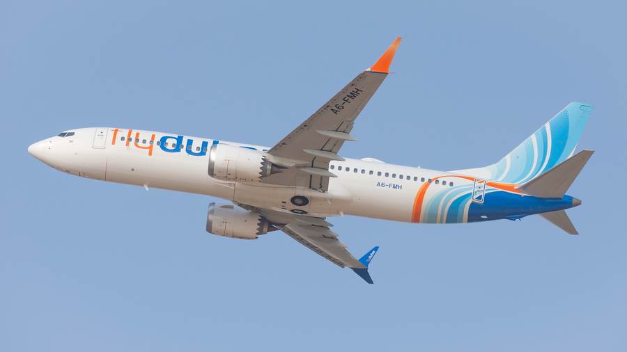 A Flydubai Boeing 737 MAX 8 at Tel Aviv — flight FZ1073 flies the Dubai to Tel Aviv route that was diverted to Tabuk, Saudi Arabia after the pilots fought in the cockpit